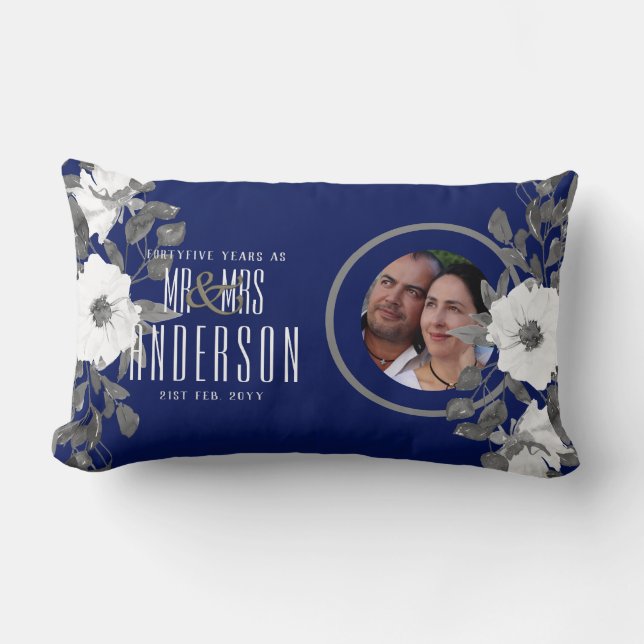 45th PHOTO Wedding Anniversary Floral Sapphire Lumbar Cushion (Front)