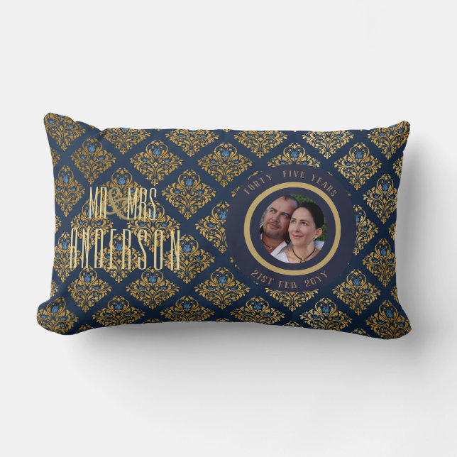 45th PHOTO Wedding Anniversary Modern Blue Gold Lumbar Cushion (Front)