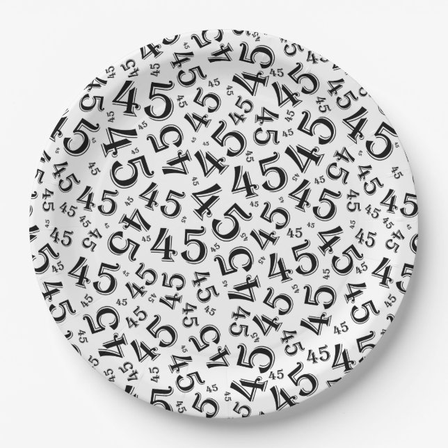 45th Random Number Pattern Black/White Paper Plate (Front)