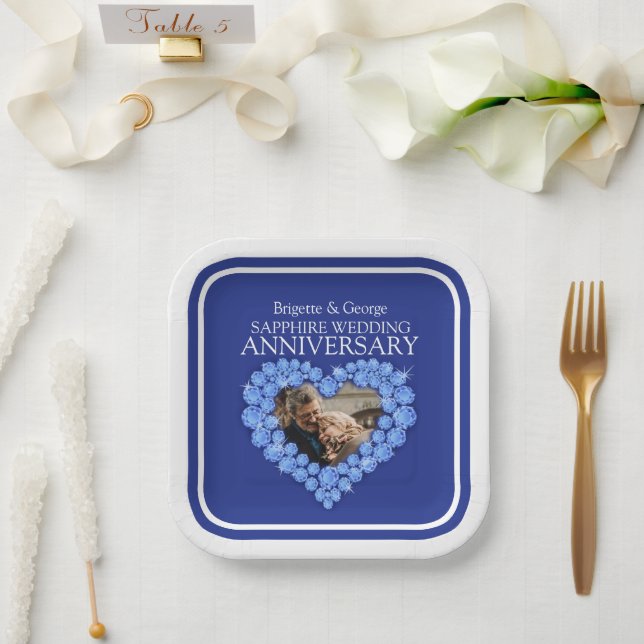 45th Sapphire Anniversary photo heart square Paper Plate (Wedding)
