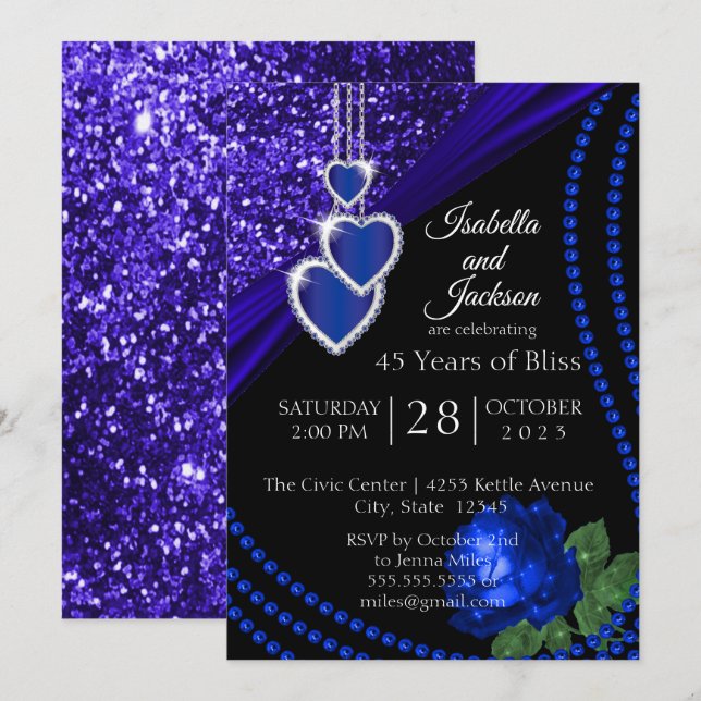 45th Sapphire Blue Glitter and Rose Anniversary Invitation (Front/Back)