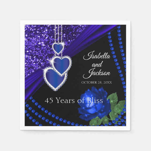 45th Sapphire Blue Glitter and Rose Anniversary Napkin (Front)