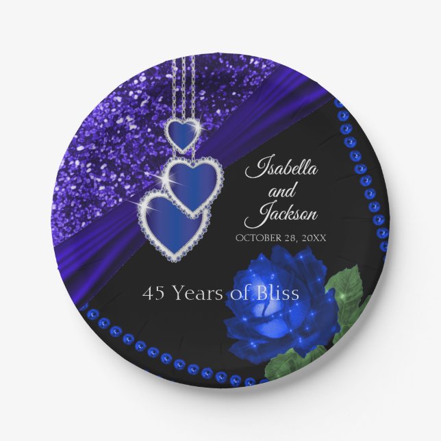45th Sapphire Blue Glitter and Rose Anniversary Paper Plate (Front)
