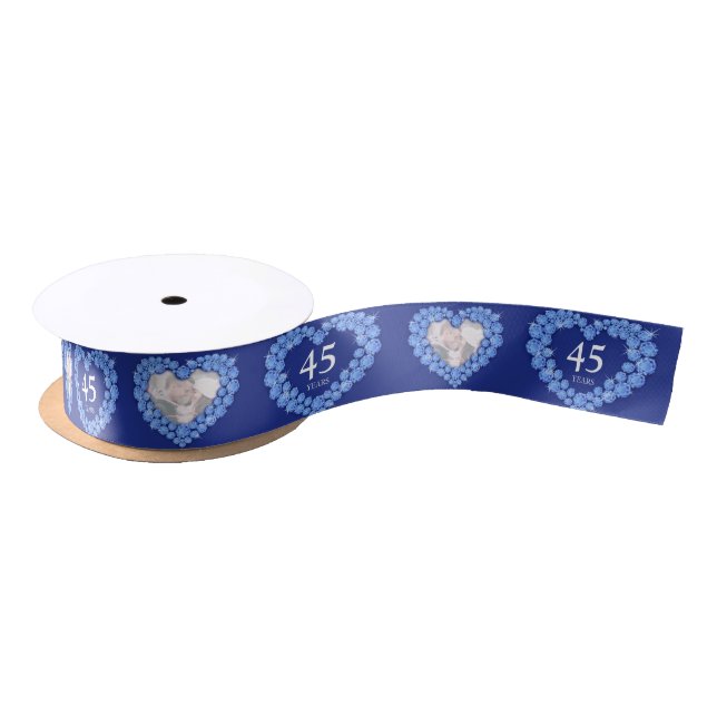 45th sapphire wedding anniversary blue photo heart satin ribbon (Spool)