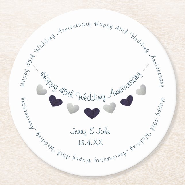 45th sapphire wedding anniversary bunting round paper coaster (Front)