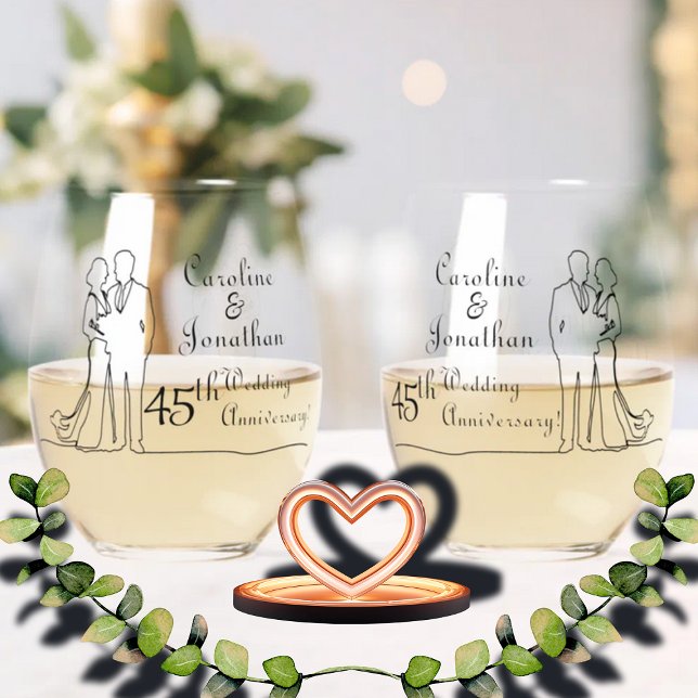 45th Sapphire Wedding Anniversary Line Art Couple Stemless Wine Glass (Creator Uploaded)