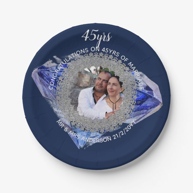 45th Wedding Anniversary - ADD PHOTO Sapphire Blue Paper Plate (Front)