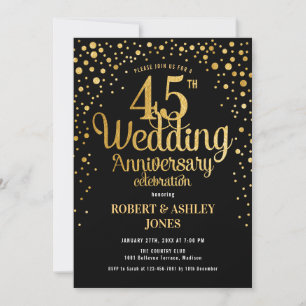 45th Wedding Anniversary - Black & Gold Invitation