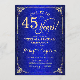 45th Wedding Anniversary - Blue Gold Damask Invitation