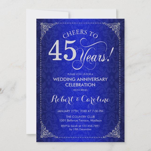 45th Wedding Anniversary - Blue Silver Damask Invitation (Front)