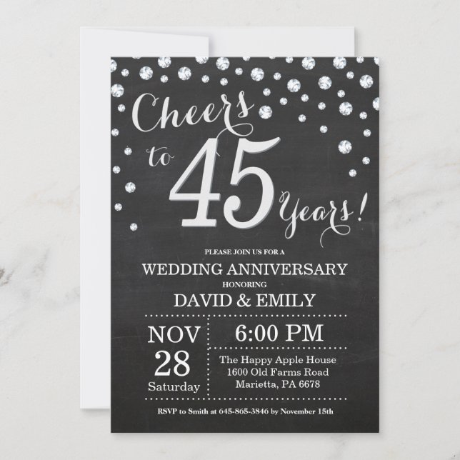 45th Wedding Anniversary Chalkboard Black Silver Invitation (Front)