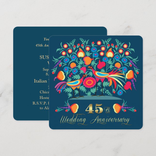 45th Wedding Anniversary Folk Art Invitation (Front/Back)