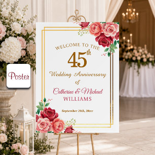 45th Wedding Anniversary Gold Frame Floral Poster