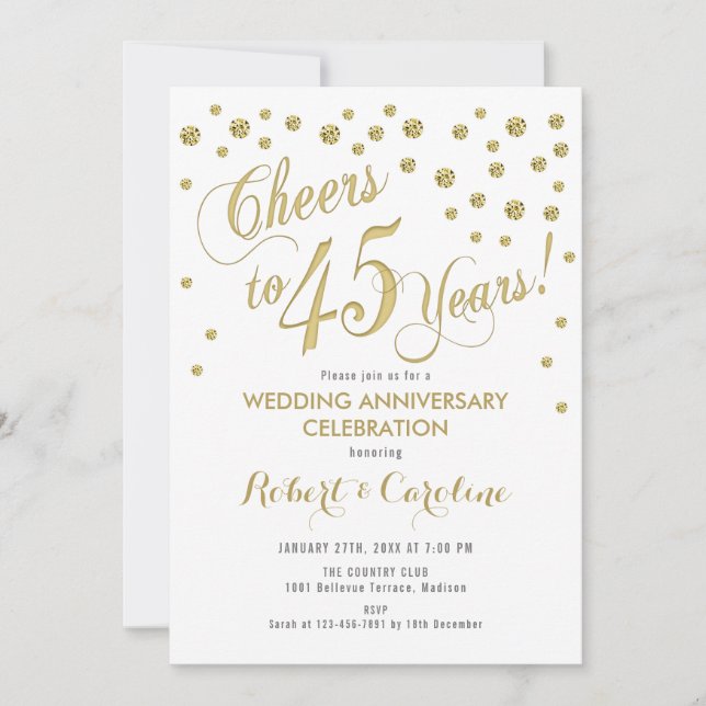 45th Wedding Anniversary Invitation - Gold & White (Front)