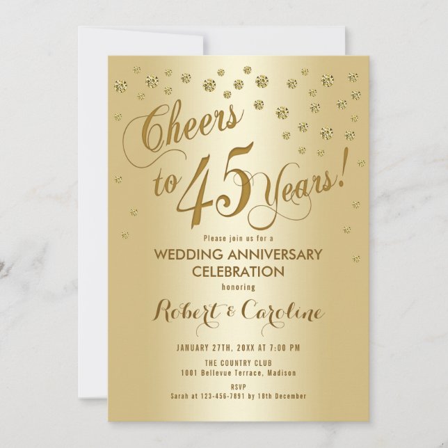 45th Wedding Anniversary Invitation in Gold (Front)
