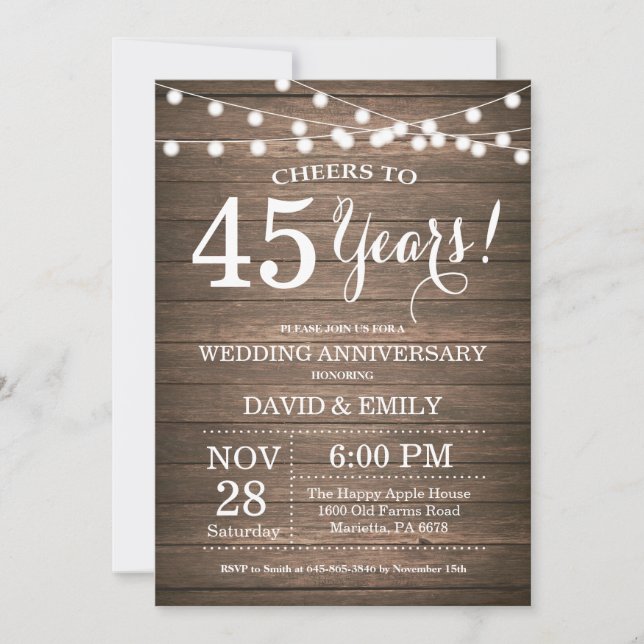 45th Wedding Anniversary Invitation Rustic Wood (Front)