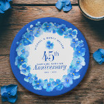 45th wedding anniversary party sapphire blue pansy paper plate<br><div class="desc">Blue floral sapphire wedding anniversary paper plates. Personalise these anniversary plates with your own couples names and marriage dates. Other matching items are also available. © Original watercolor pansy hand painting and design by Sarah Trett for www.mylittleeden.com and www.mylittleedenweddings.com on Zazzle.</div>