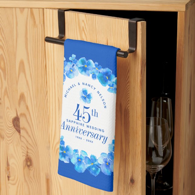 45th wedding anniversary party sapphire blue pansy tea towel (Thirds Fold)