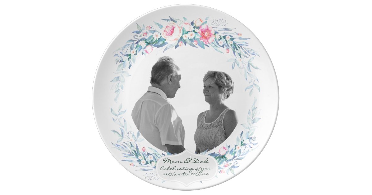 45th Wedding Anniversary PHOTO Floral Flowers Plate Zazzle