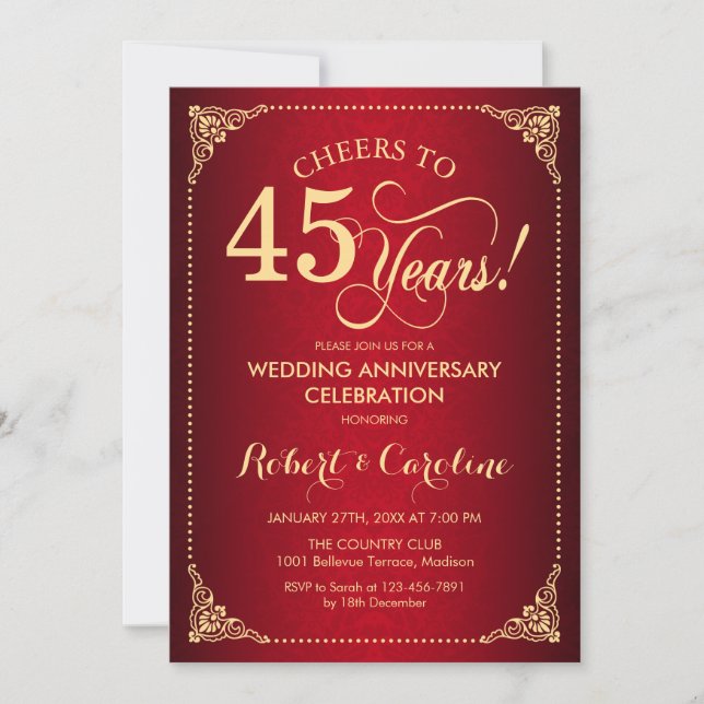 45th Wedding Anniversary - Red Gold Damask Invitation (Front)