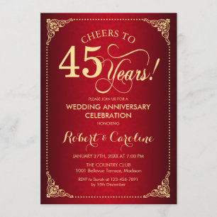 45th Wedding Anniversary - Red Gold Damask Invitation