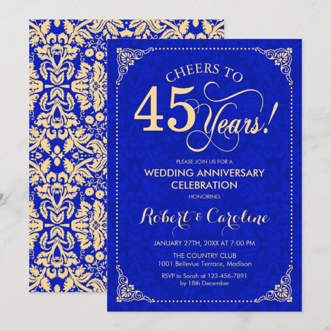 45th Wedding Anniversary Sapphire Blue Gold Damask Invitation (Front/Back)