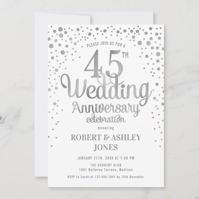 45th Wedding Anniversary - Silver & White Invitation (Front)