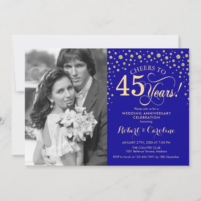 45th Wedding Anniversary with Photo - Gold Blue Invitation (Front)