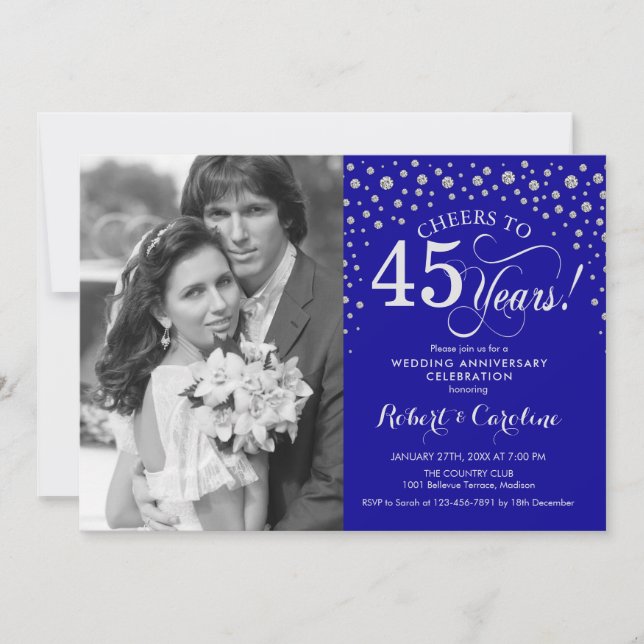 45th Wedding Anniversary with Photo - Silver Blue Invitation (Front)