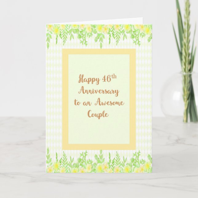 46th Anniversary Card, Yellow with Floral Borders Card (Front)
