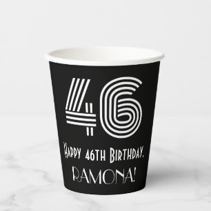 46th Birthday — Art Deco Inspired Look “46” + Name Paper Cups