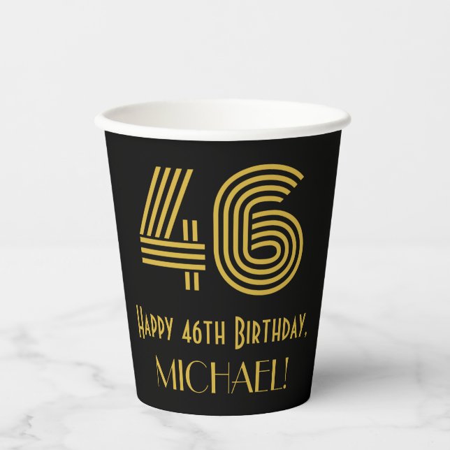 46th Birthday: Art Deco Inspired Look “46” & Name Paper Cups (Front)