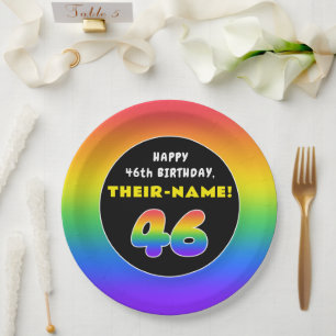 46th Birthday: Colorful Rainbow # 46, Custom Name Paper Plate