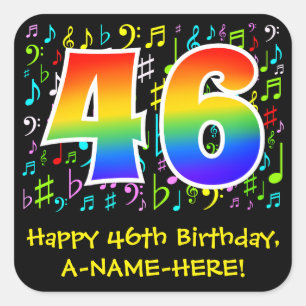 46th Birthday: Colourful Music Symbols, Rainbow 46 Square Sticker