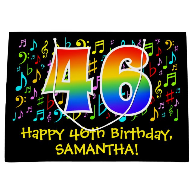 46th Birthday - Colourful Music Symbols, Rainbow 4 Large Gift Bag (Front)