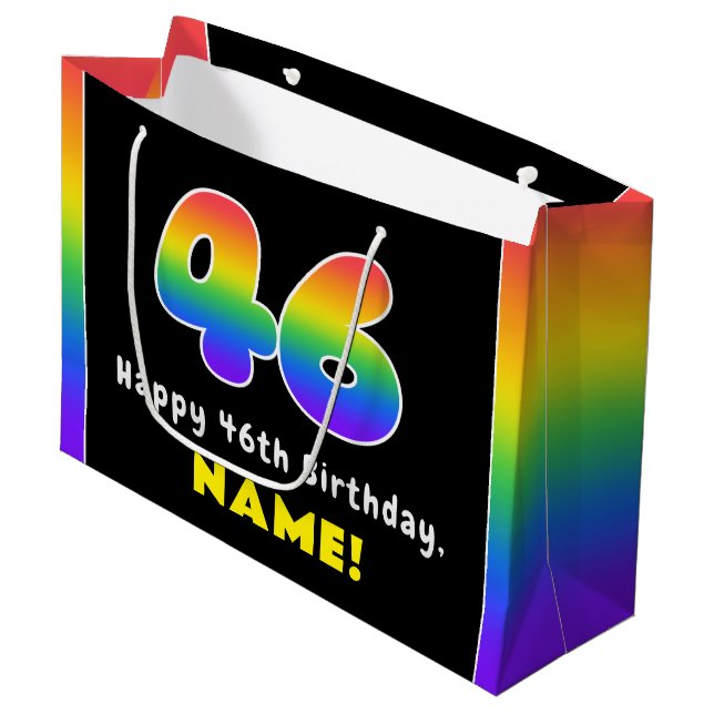 46th Birthday: Colourful Rainbow # 46, Custom Name Large Gift Bag (Front Angled)