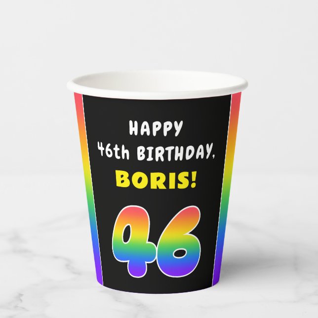 46th Birthday: Colourful Rainbow # 46, Custom Name Paper Cups (Front)