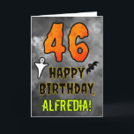 46th Birthday: Eerie Halloween Theme   Custom Name Card<br><div class="desc">The front of this scary and spooky Halloween themed birthday greeting card design features a large number “46”, along with the message “HAPPY BIRTHDAY, ”, and a custom name. There are also depictions of a ghost and a bat on the front. The inside features a personalised birthday greeting message, or...</div>