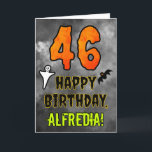 46th Birthday: Eerie Halloween Theme   Custom Name Card<br><div class="desc">The front of this scary and spooky Halloween themed birthday greeting card design features a large number “46”, along with the message “HAPPY BIRTHDAY, ”, and a custom name. There are also depictions of a ghost and a bat on the front. The inside features a personalised birthday greeting message, or...</div>