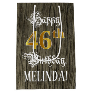 46th Birthday: Faux Gold Look & Faux Wood Pattern Medium Gift Bag