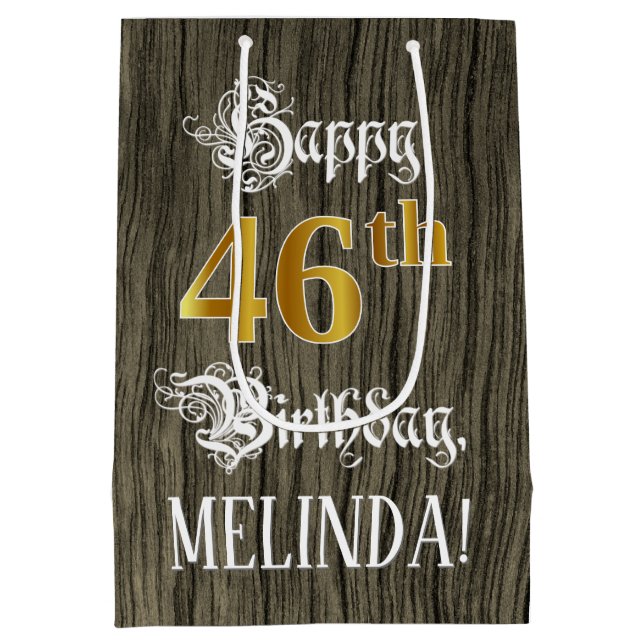 46th Birthday: Faux Gold Look & Faux Wood Pattern Medium Gift Bag (Back)