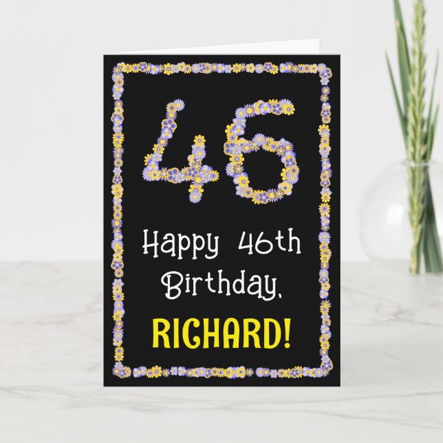 46th Birthday: Floral Flowers Number, Custom Name Card (Front)