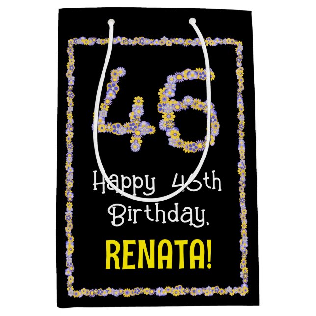 46th Birthday: Floral Flowers Number, Custom Name Medium Gift Bag (Front)