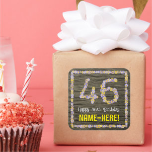 46th Birthday: Floral Number, Faux Wood Look, Name Square Sticker