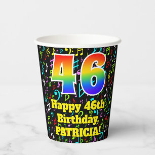 46th Birthday: Fun Music Notes Pattern, Rainbow 46 Paper Cups
