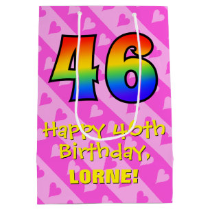 46th Birthday: Fun Pink Hearts Stripes; Rainbow 46 Medium Gift Bag
