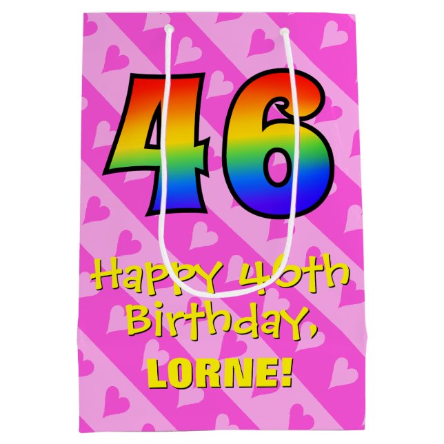 46th Birthday: Fun Pink Hearts Stripes; Rainbow 46 Medium Gift Bag (Back)