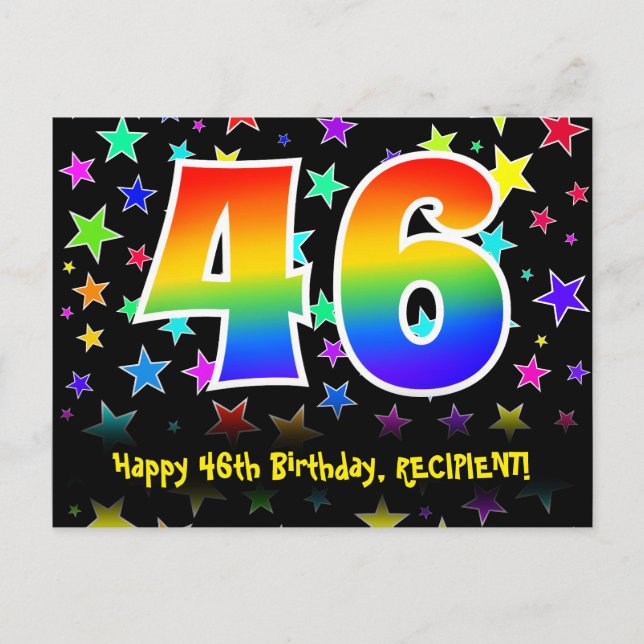 46th Birthday: Fun Stars Pattern, Rainbow 46, Name Postcard (Front)