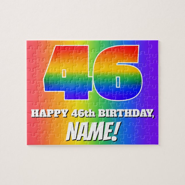 46th Birthday — Multicolored Rainbow Pattern “46” Jigsaw Puzzle (Horizontal)
