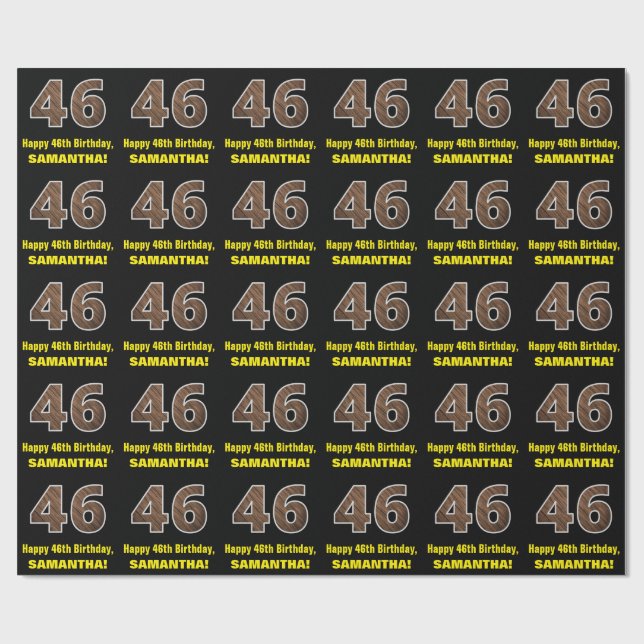 46th Birthday: Name & Faux Wood Grain Pattern "46" Wrapping Paper (Flat)